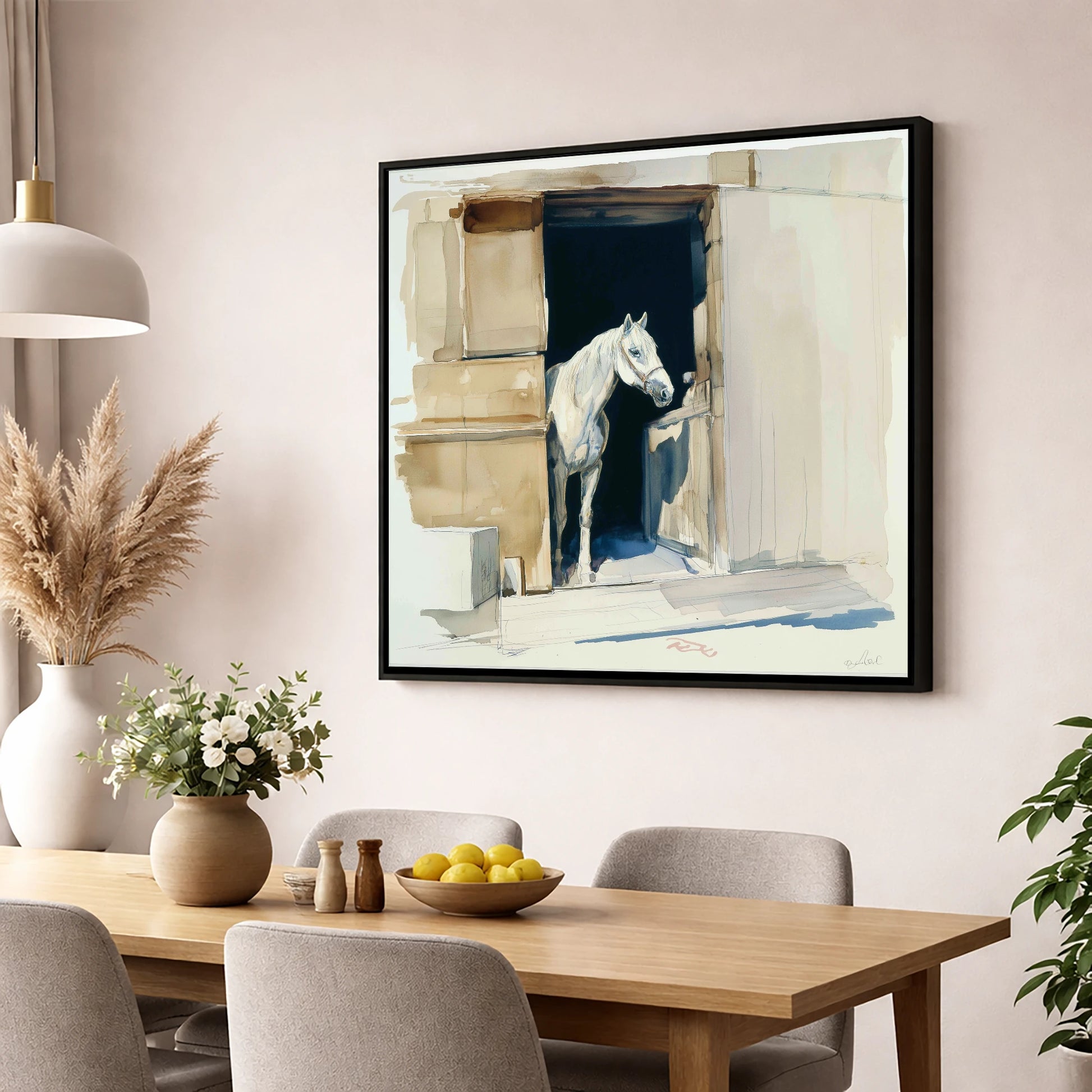 The Quiet Grey horse stable wall art displayed in a dining room