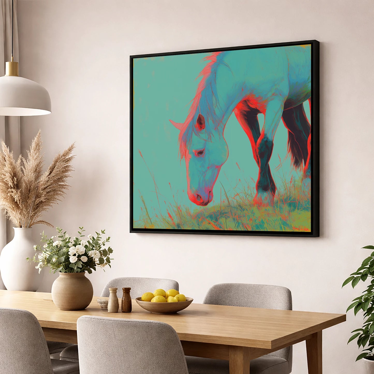Electric Pasture Portrait horse portrait wall art displayed in a dining room