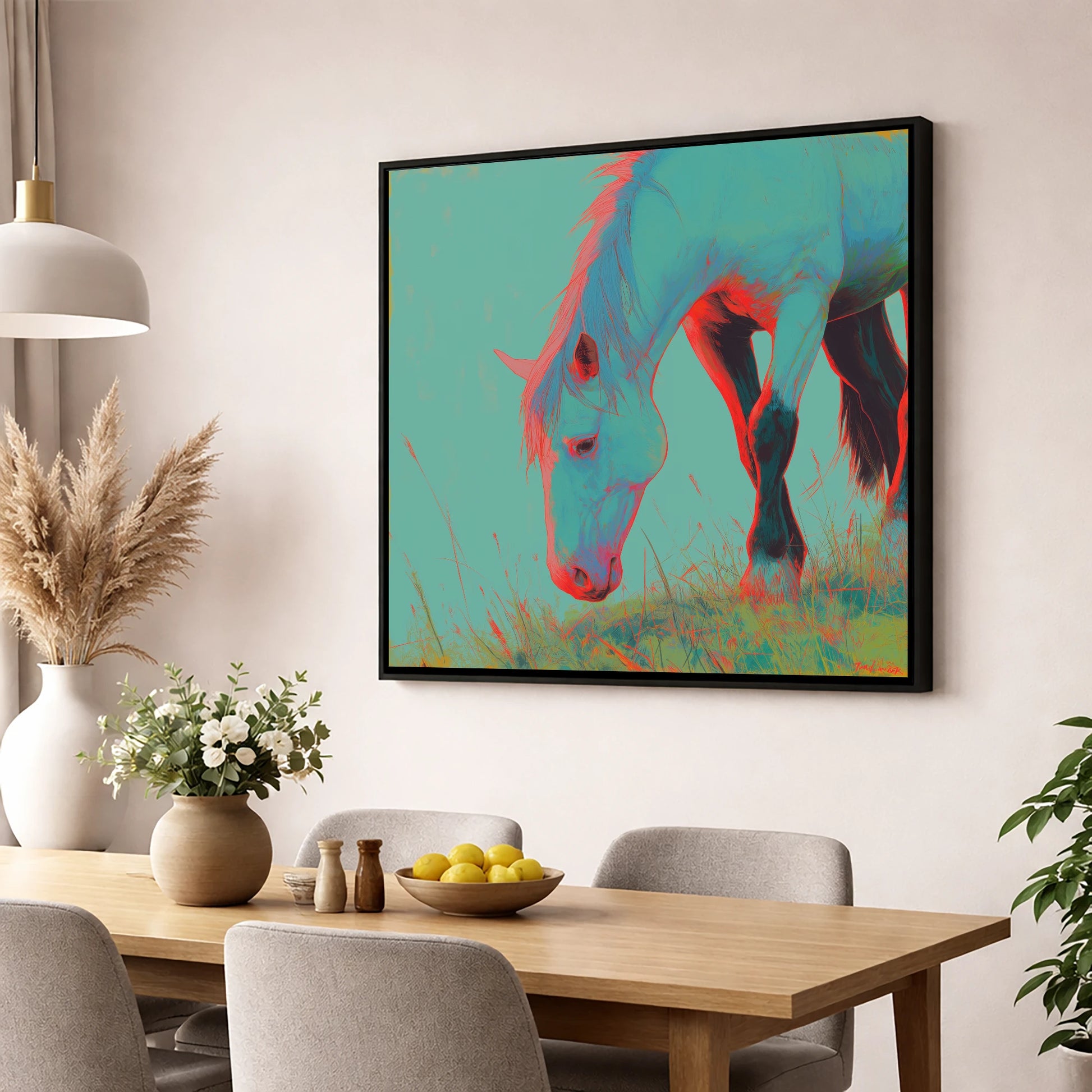 Electric Pasture Portrait horse portrait wall art displayed in a dining room