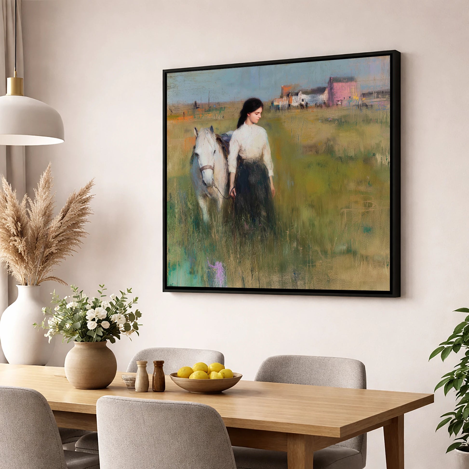 A Quiet Bond horse & rider wall art displayed in a dining room