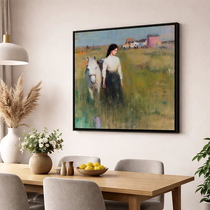 A Quiet Bond horse & rider wall art displayed in a dining room