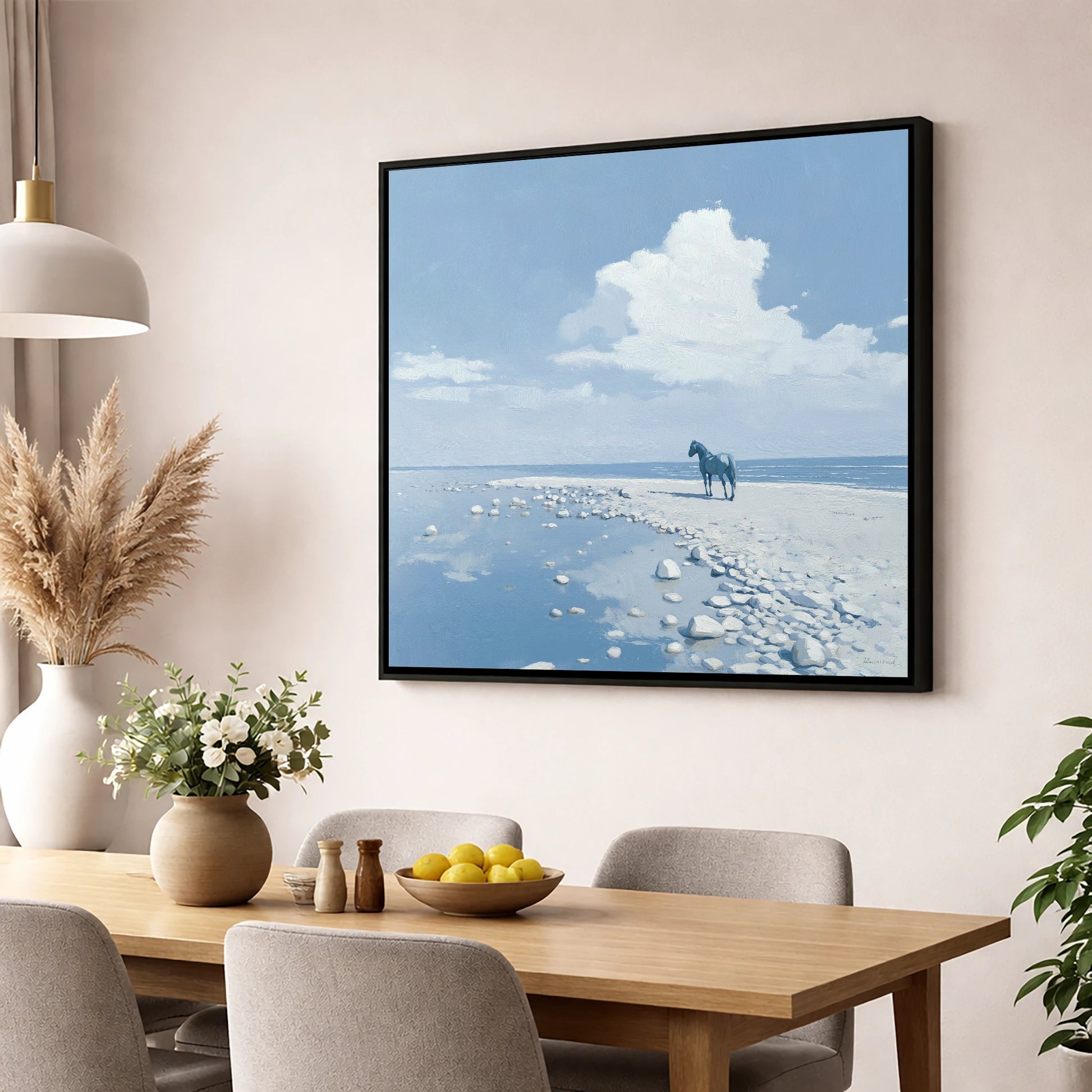 The Solitary Shore horse landscape wall art displayed in a dining room