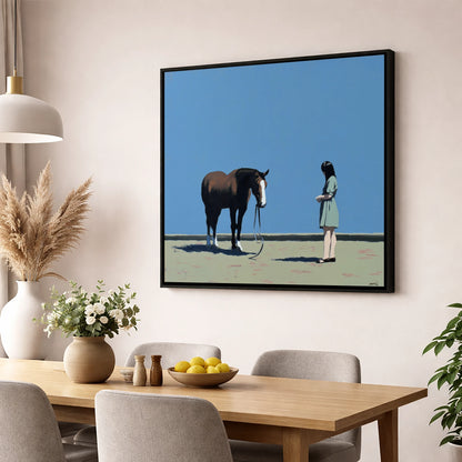 The Quiet Exchange horse & rider wall art displayed in a dining room