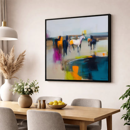 Vivid Horizon Herd horse landscape wall art displayed in a dining room
