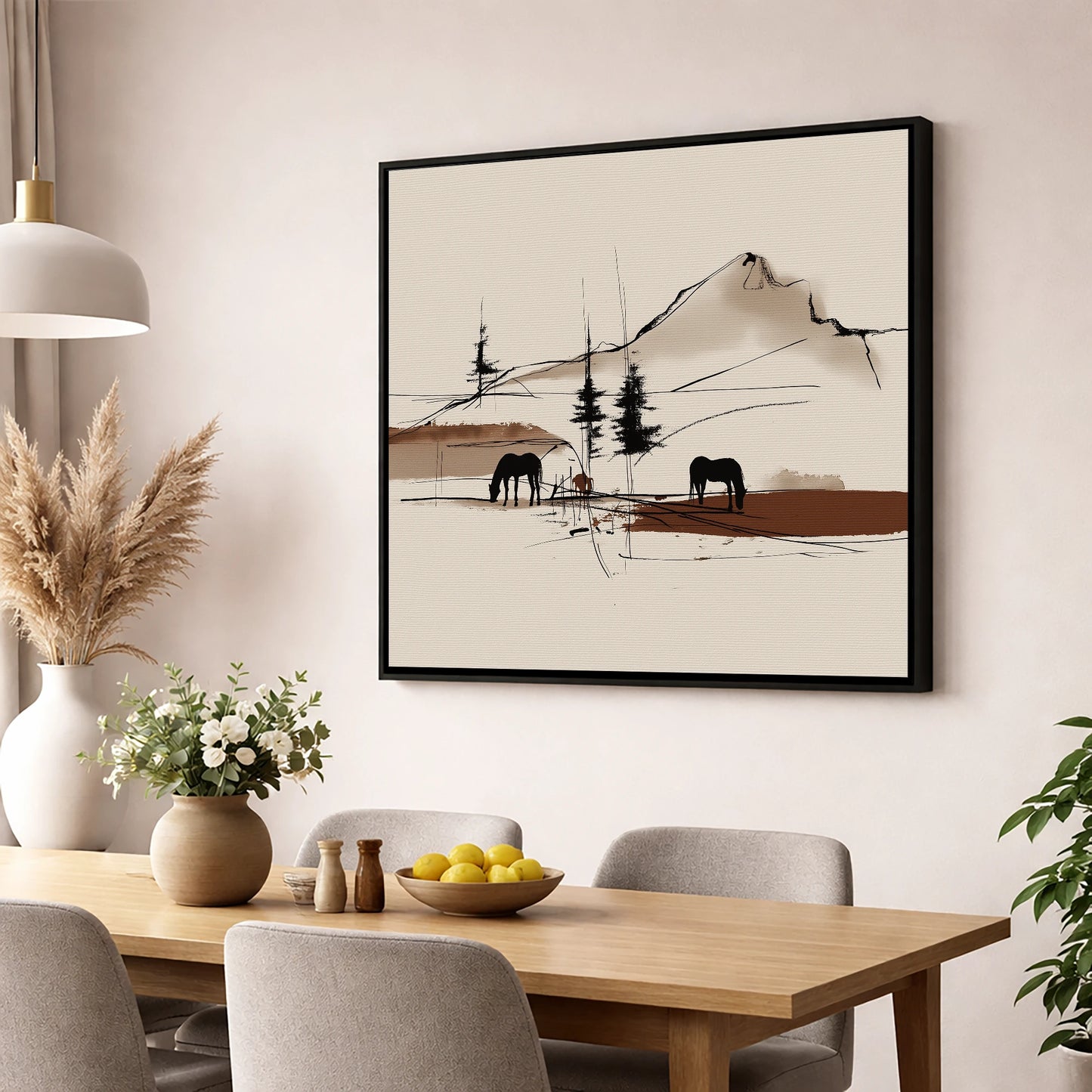 Mountain Pasture Silhouettes horse landscape wall art displayed in a dining room