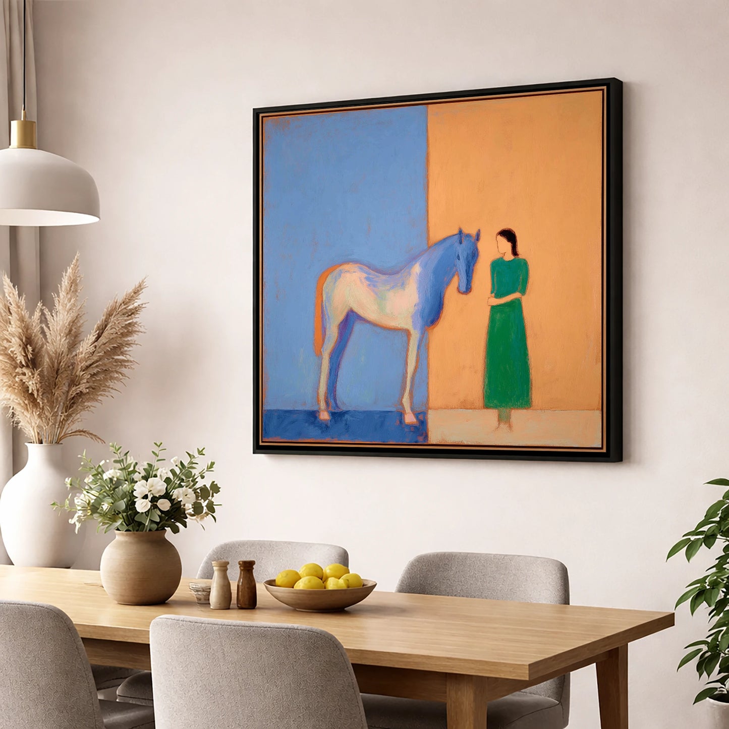 The Silent Bond horse & rider wall art displayed in a dining room