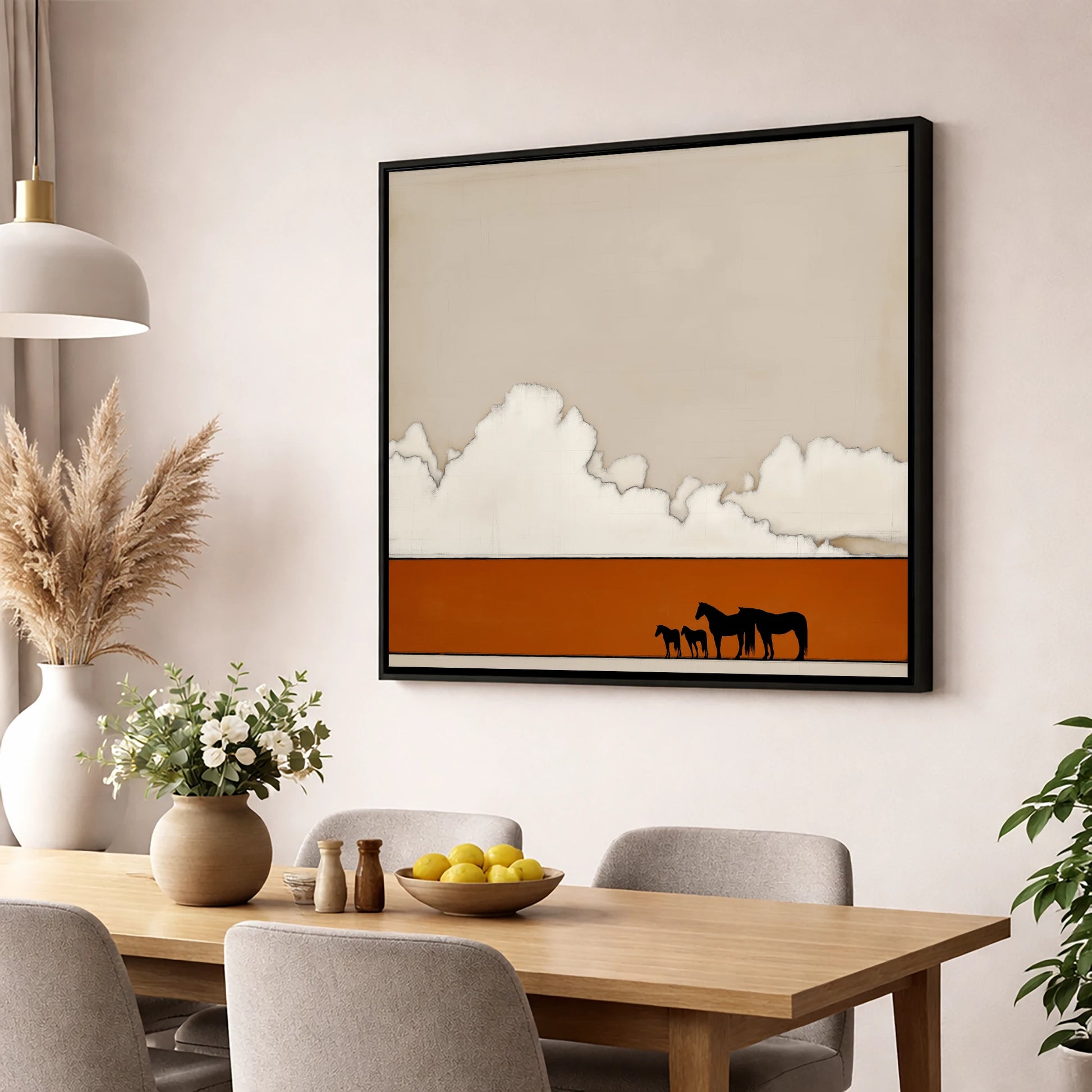 Burnt Orange Horizon horse landscape wall art displayed in a dining room