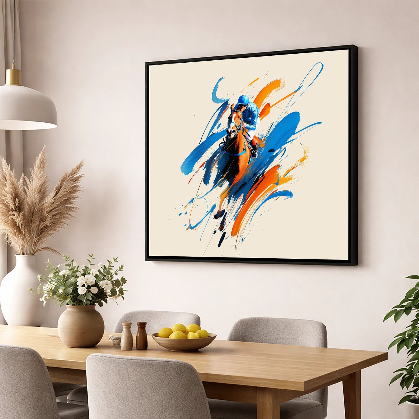 Sprint to the Wire racing horse wall art displayed in a dining room