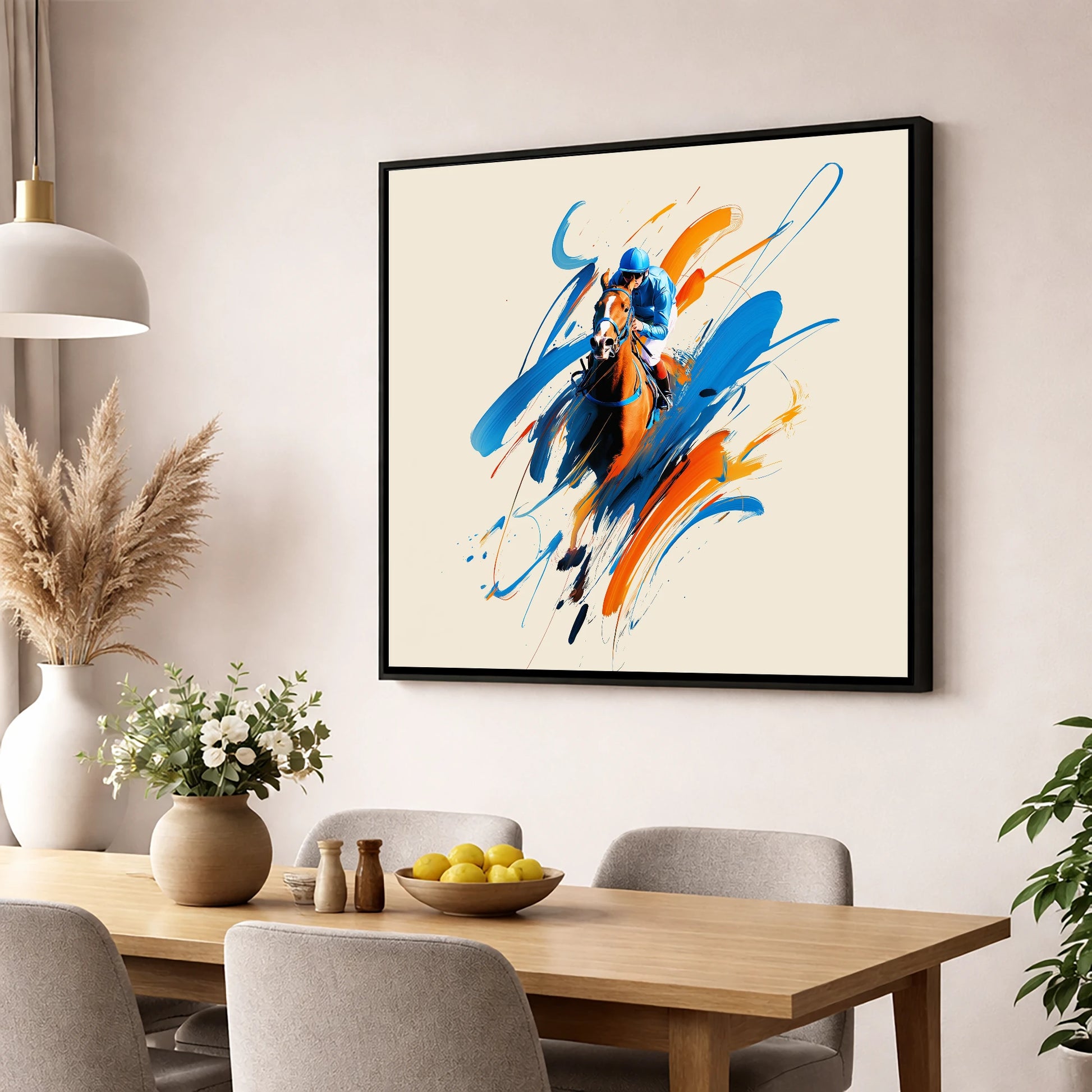 Sprint to the Wire racing horse wall art displayed in a dining room