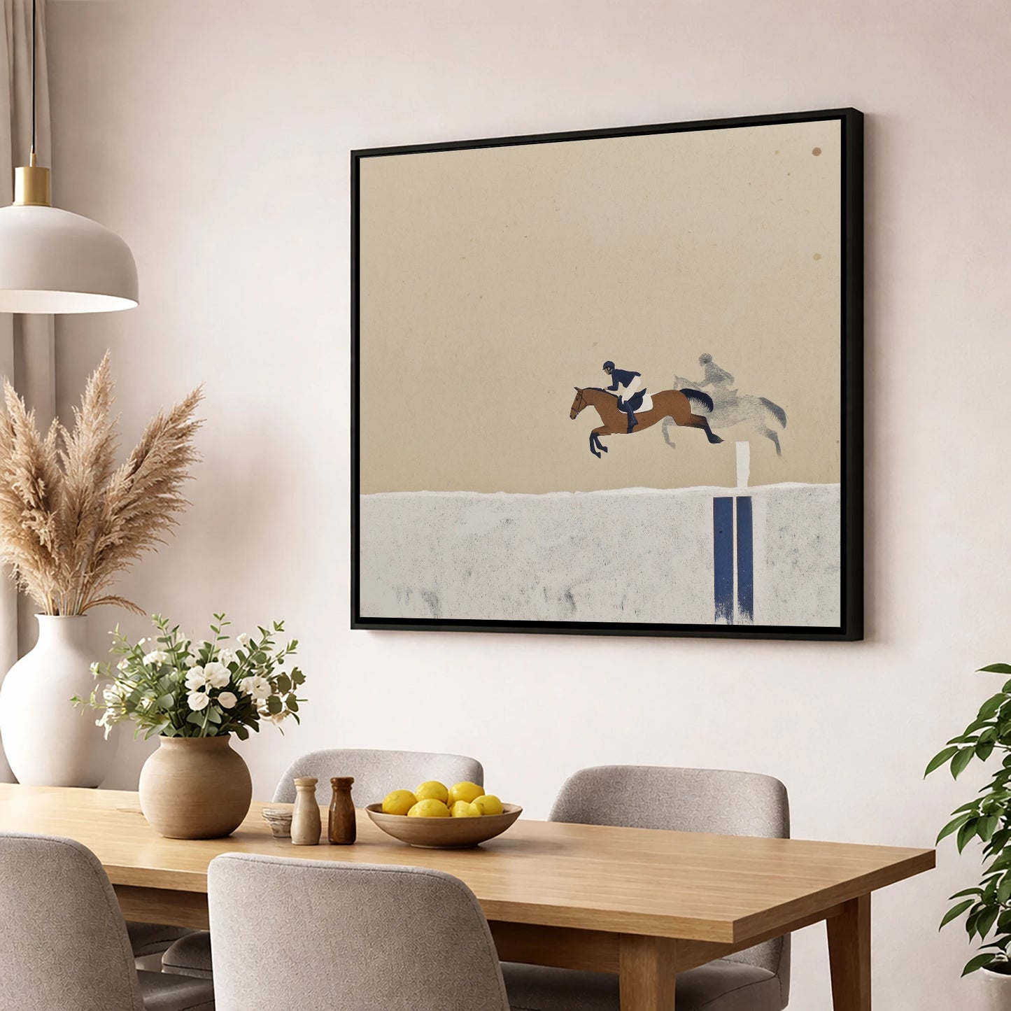 Suspended in Flight show jumping horse wall art displayed in a dining room