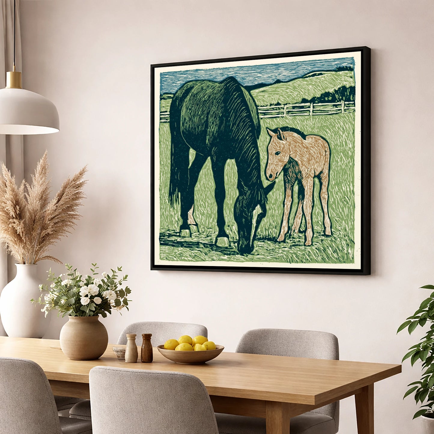 Rustic Pasture Companions mare & foal wall art displayed in a dining room