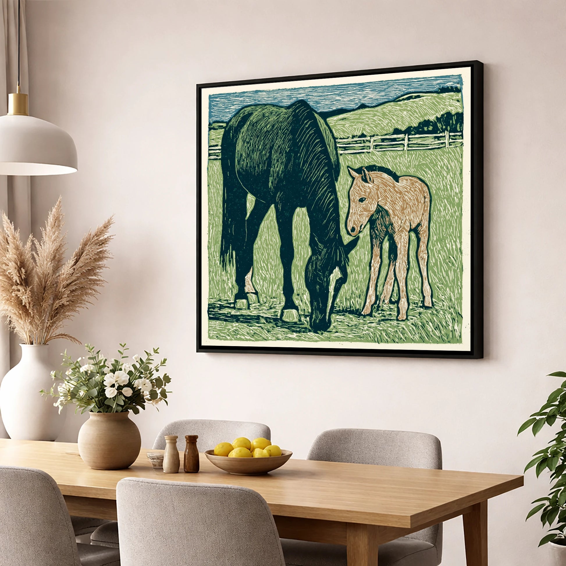 Rustic Pasture Companions mare & foal wall art displayed in a dining room
