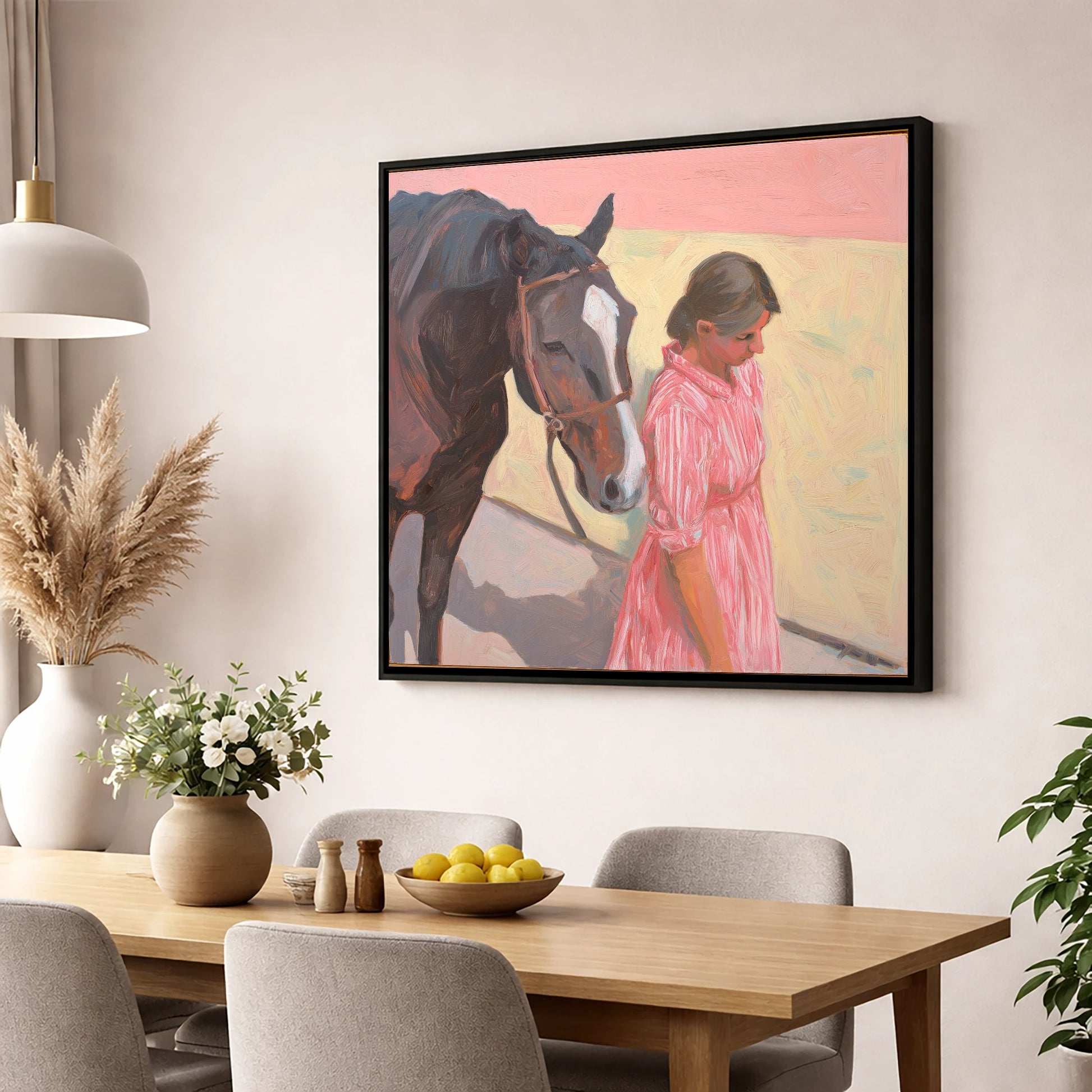 Walking in Step horse & rider wall art displayed in a dining room