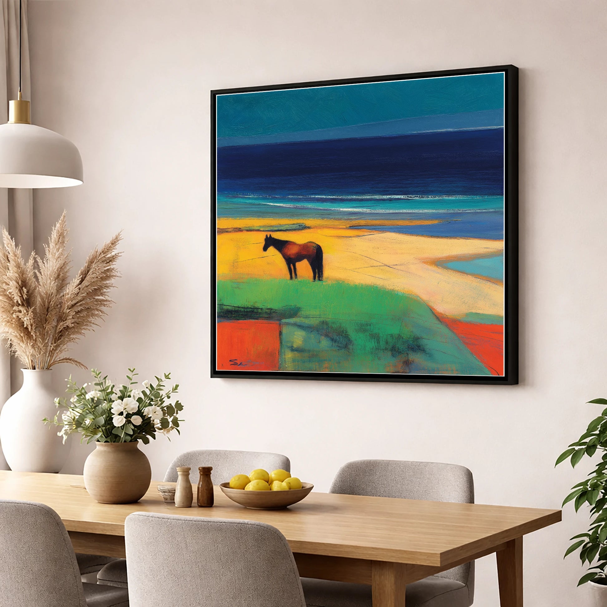 Vibrant Coastal Solitude horse landscape wall art displayed in a dining room