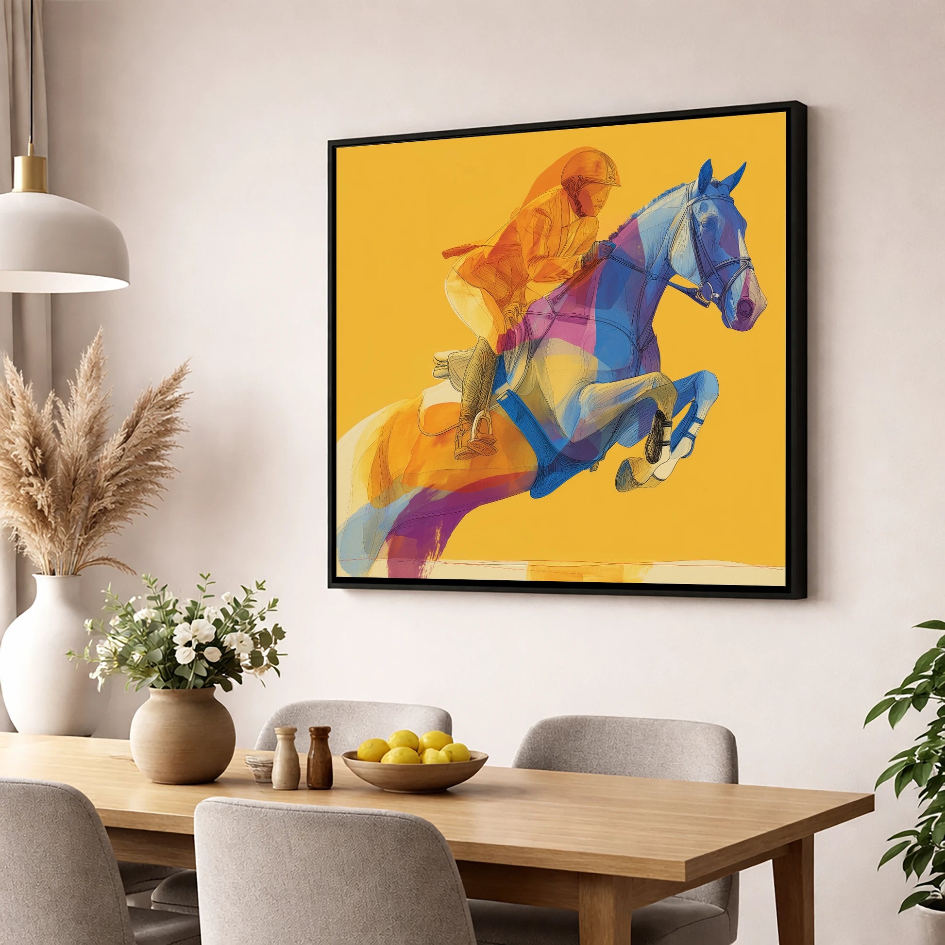 Vivid Ascent show jumping horse wall art displayed in a dining room