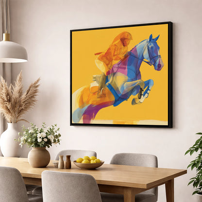 Vivid Ascent show jumping horse wall art displayed in a dining room