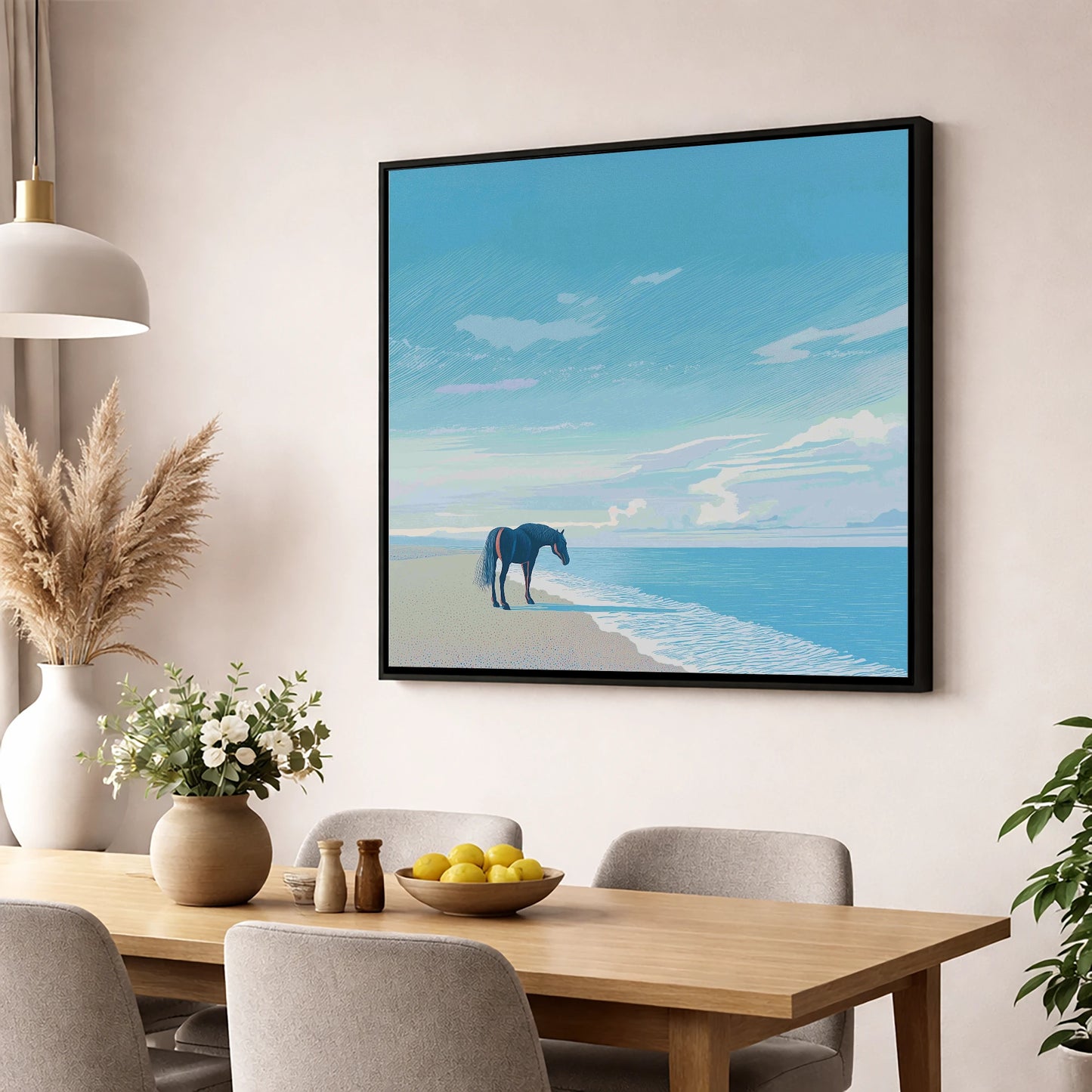 Solitude by the Sea horse landscape wall art displayed in a dining room