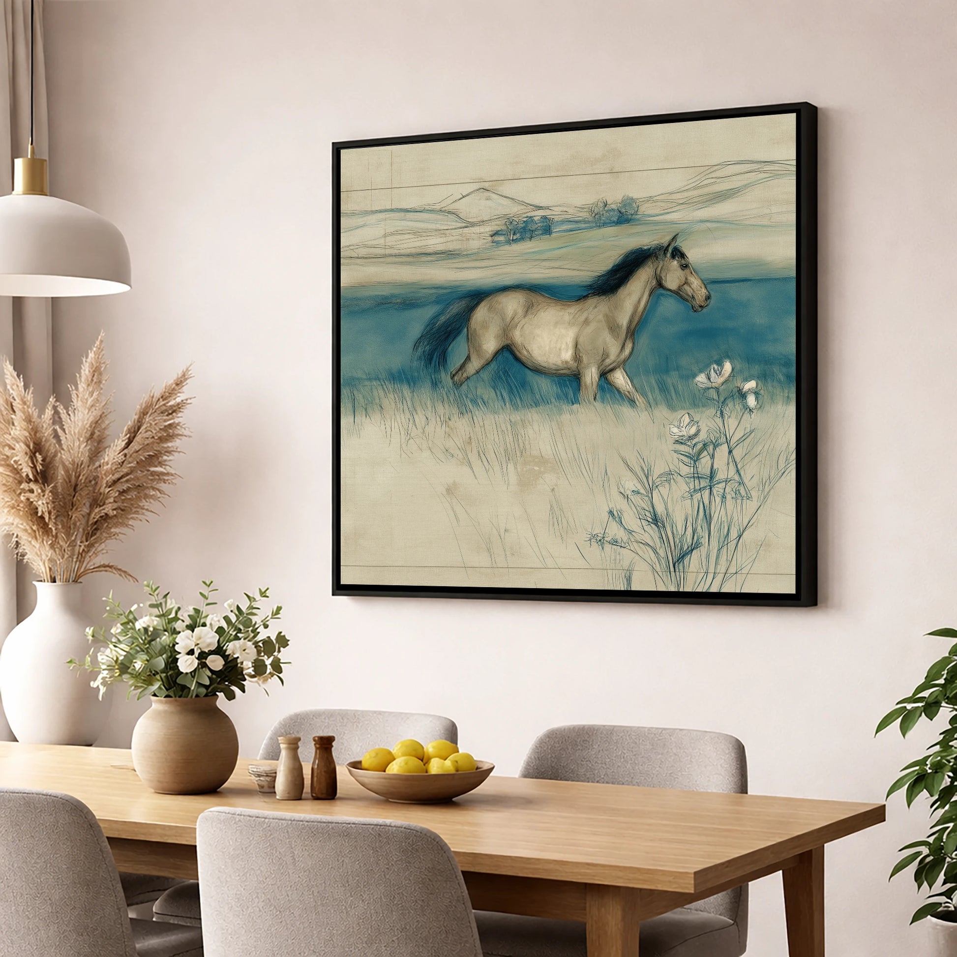 Teal Horizon Canter horse landscape wall art displayed in a dining room