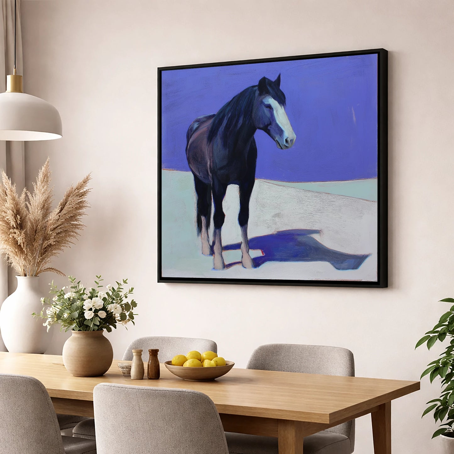 Indigo Solitude horse portrait wall art displayed in a dining room