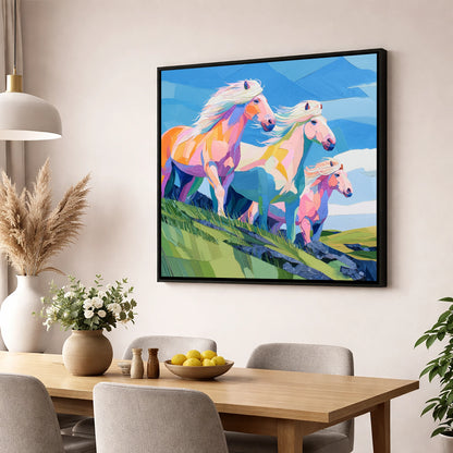Radiant Hillside Herd horse landscape wall art displayed in a dining room