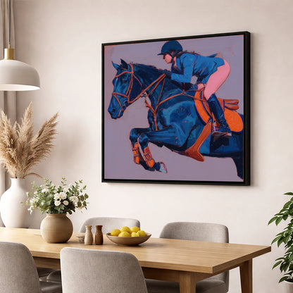 Flight in Indigo show jumping horse wall art displayed in a dining room