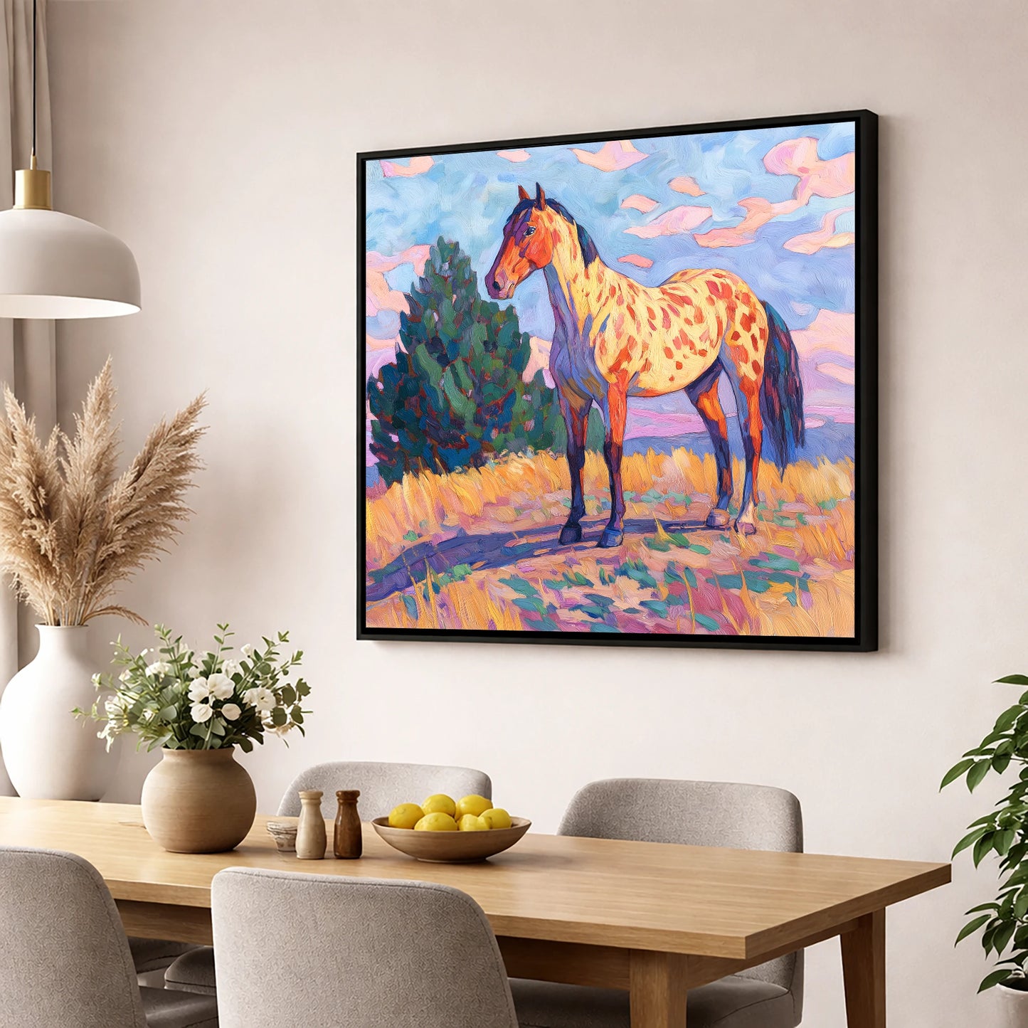 Painted Prairie Appaloosa horse breed wall art displayed in a dining room