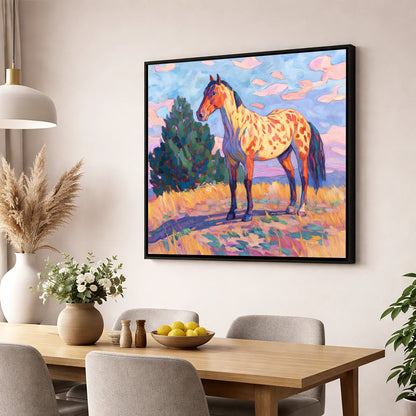 Painted Prairie Appaloosa horse breed wall art displayed in a dining room