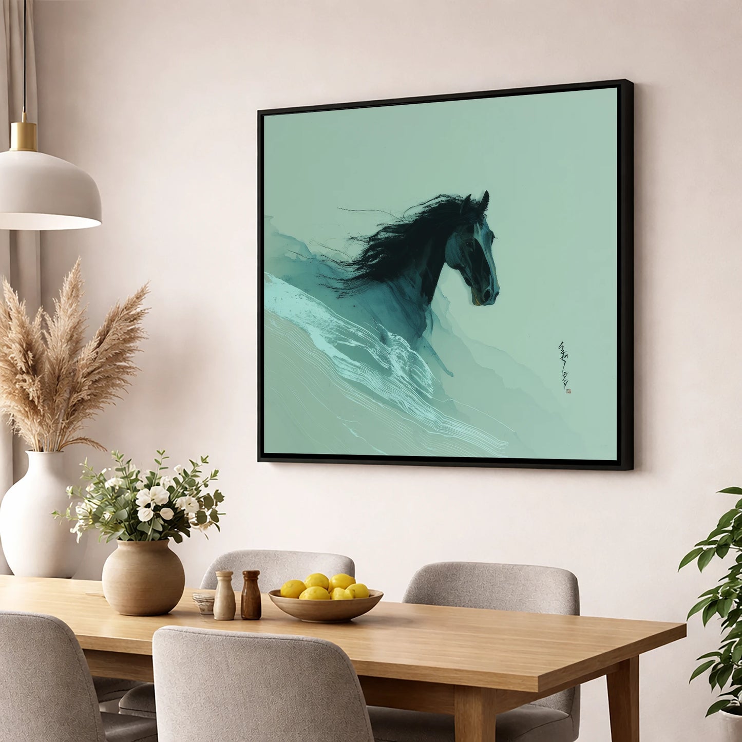 Charcoal Tempest horse breed wall art displayed in a dining room