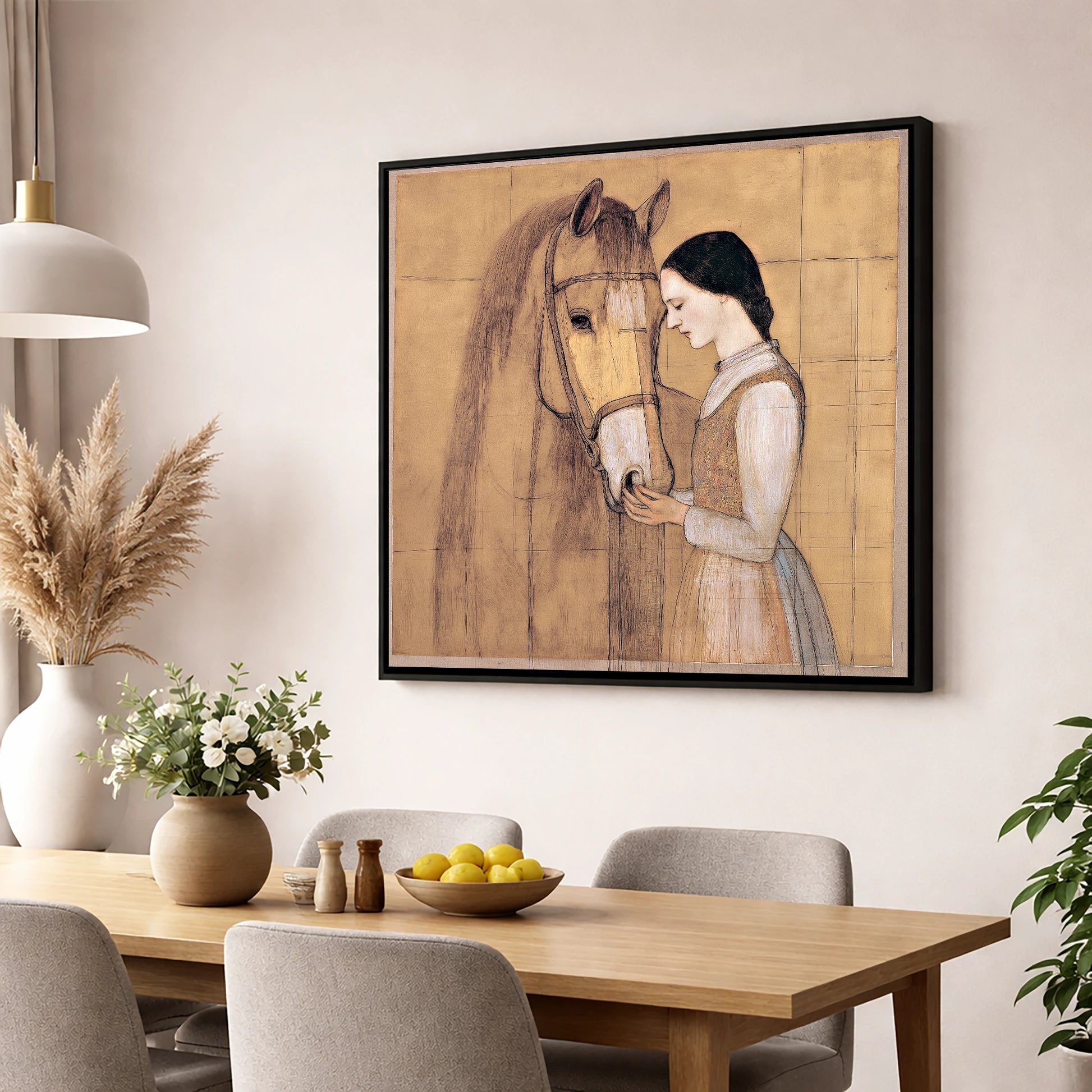 Quiet Connection horse & rider wall art displayed in a dining room