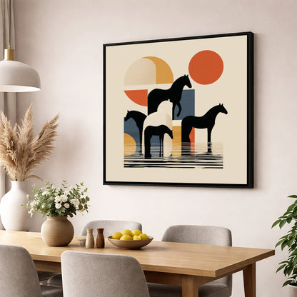 Geometric Equine Reflections wild horses wall art displayed in a dining room
