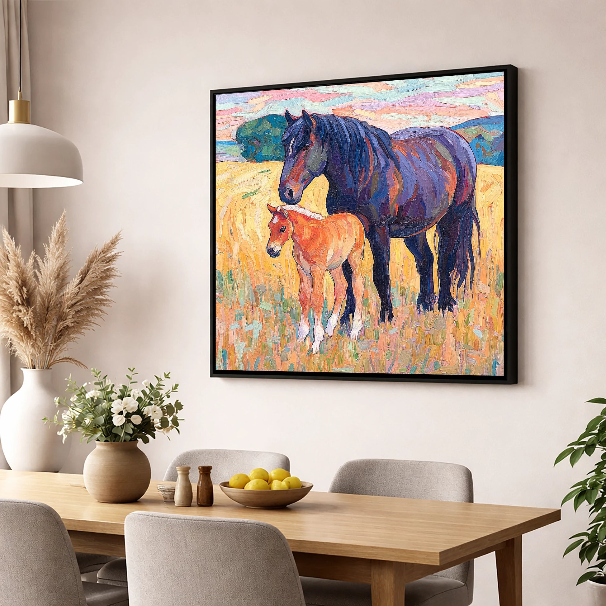 Vibrant Bond Mare and Foal mare & foal wall art displayed in a dining room