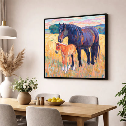 Vibrant Bond Mare and Foal mare & foal wall art displayed in a dining room