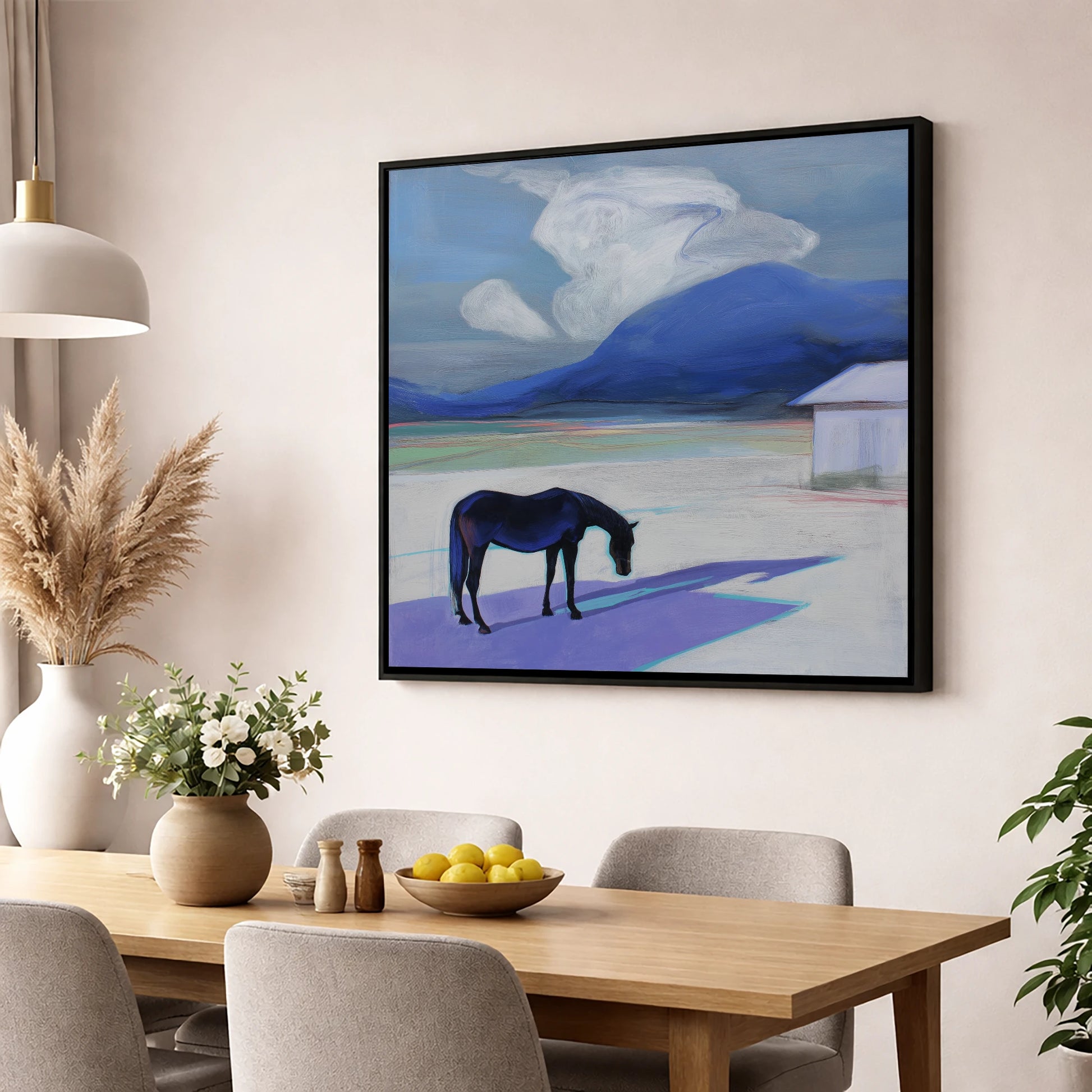 Mountain Solitude horse landscape wall art displayed in a dining room