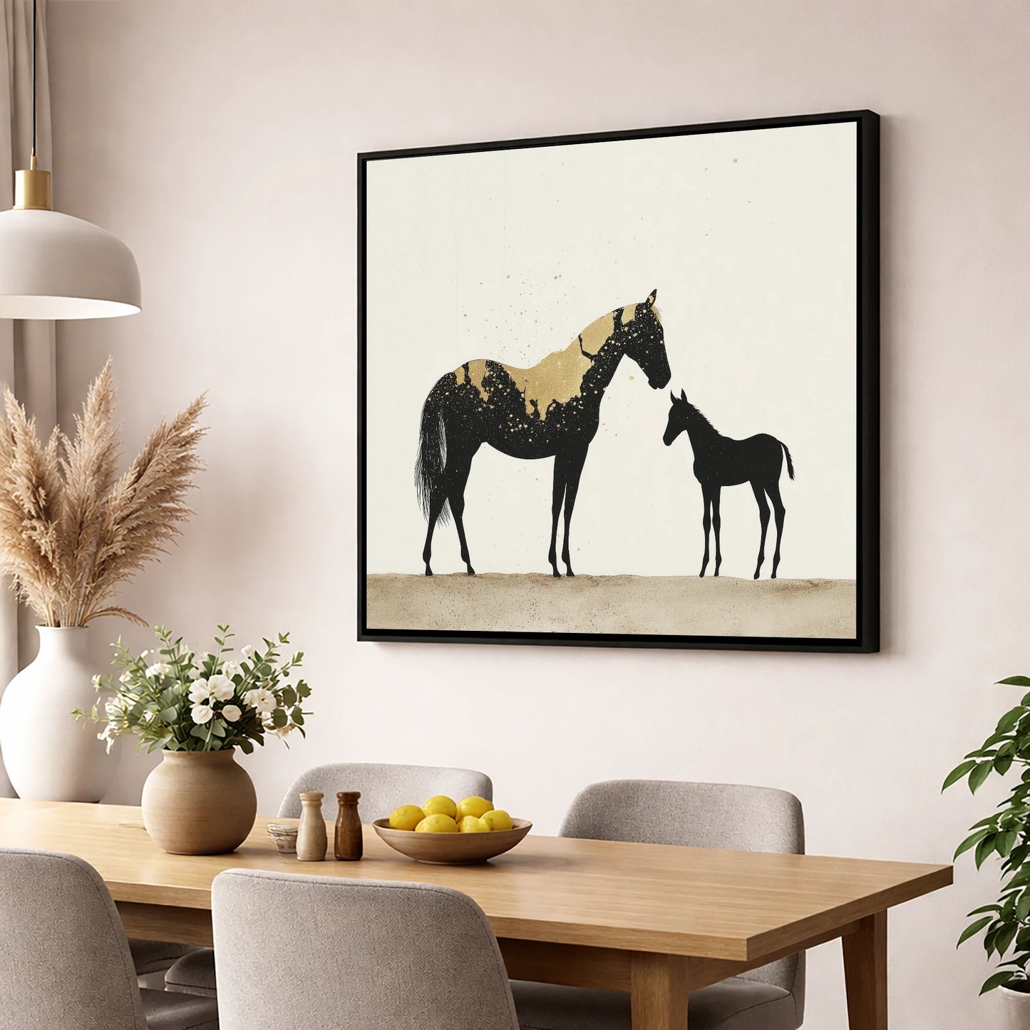 Gilded Bond mare & foal wall art displayed in a dining room