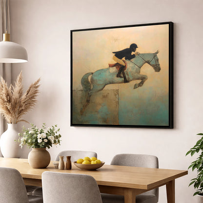 Turquoise Flight show jumping horse wall art displayed in a dining room