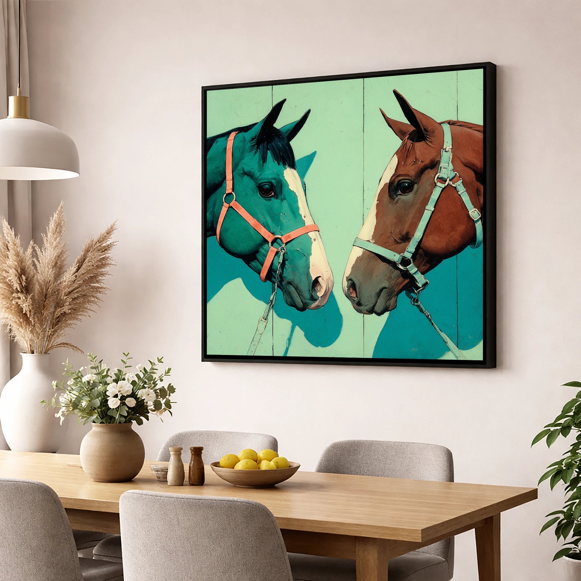 Vivid Companions horse portrait wall art displayed in a dining room