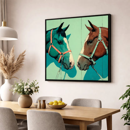 Vivid Companions horse portrait wall art displayed in a dining room