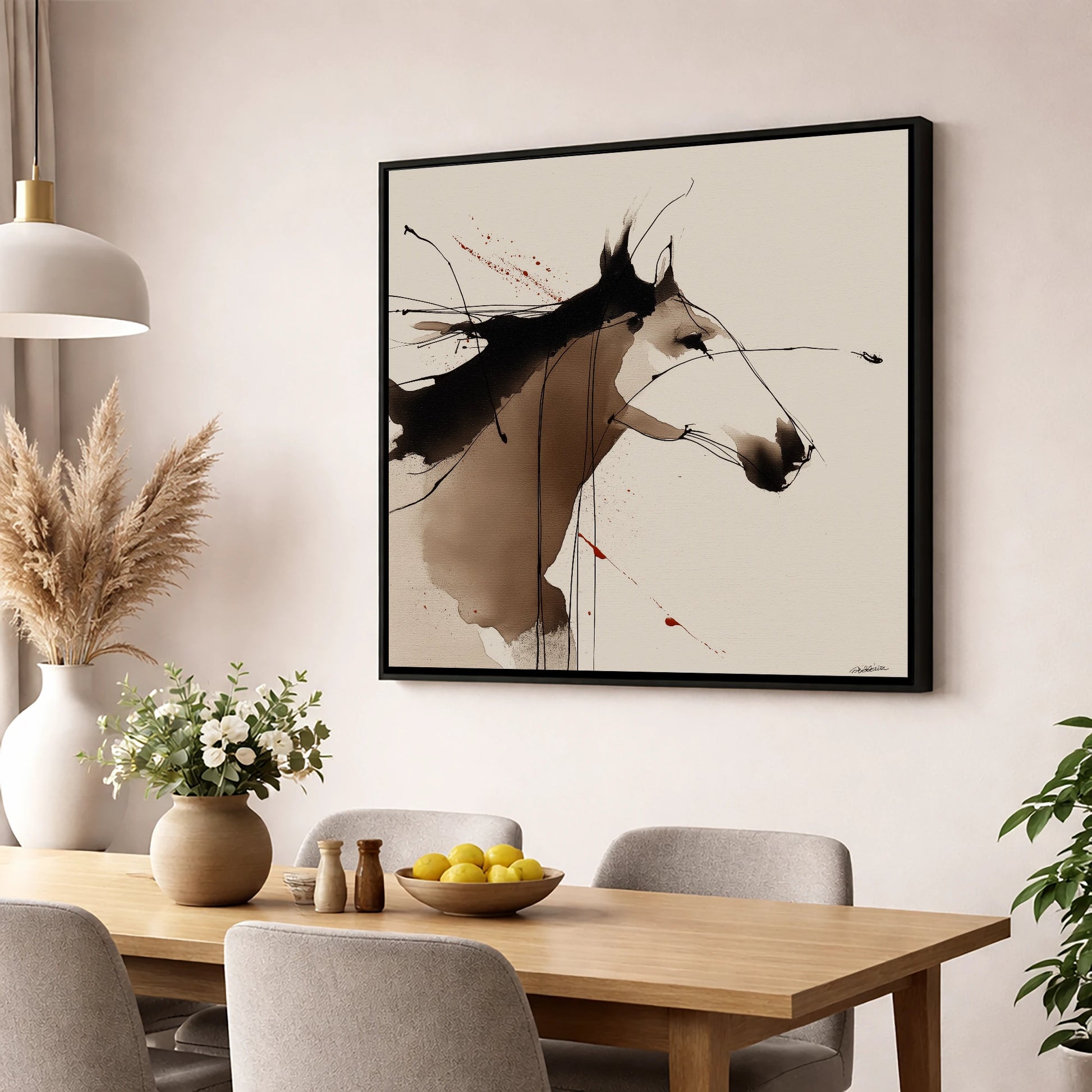 Expressive Ink Profile horse portrait wall art displayed in a dining room