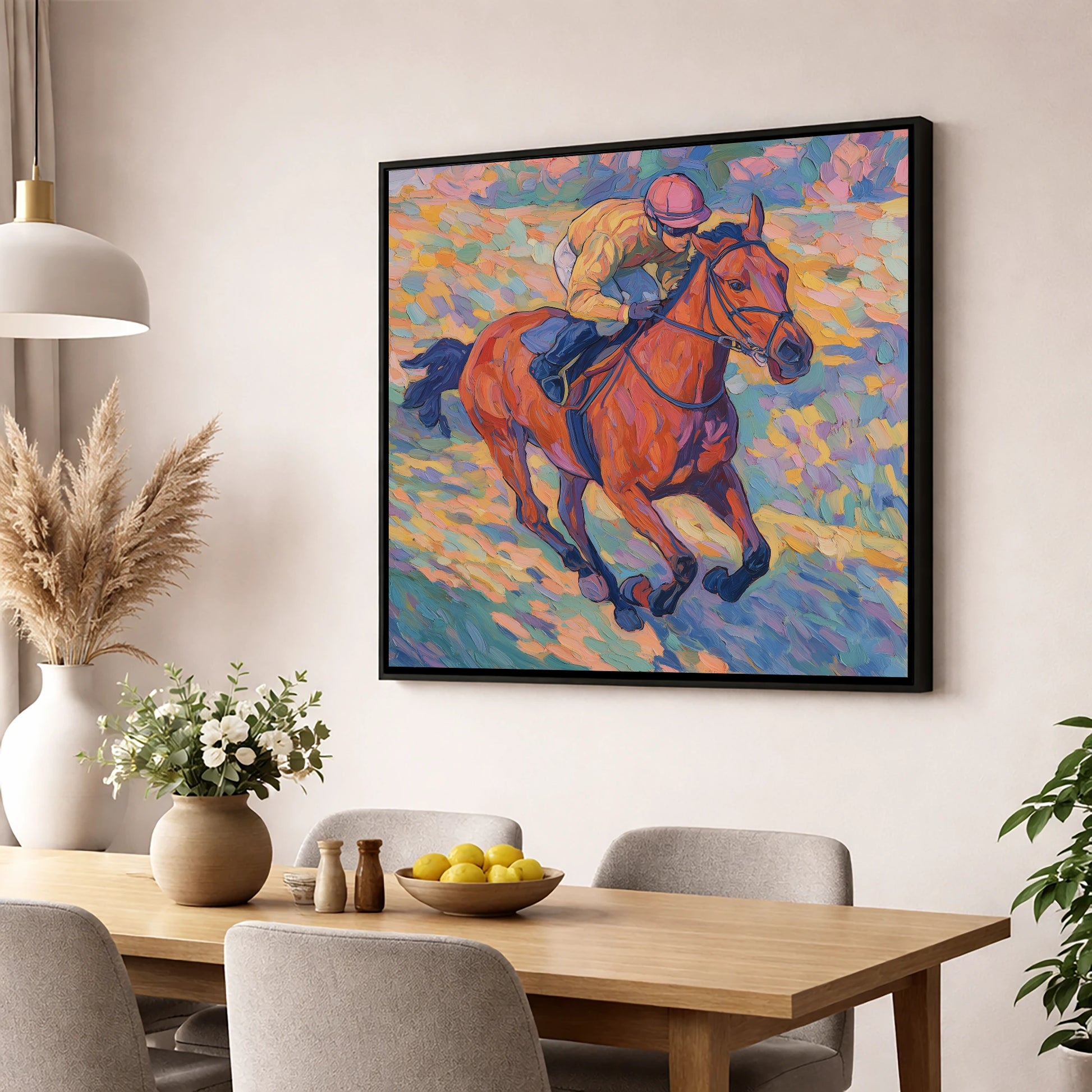 Vibrant Final Furlong racing horse wall art displayed in a dining room