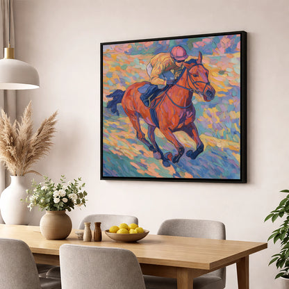 Vibrant Final Furlong racing horse wall art displayed in a dining room