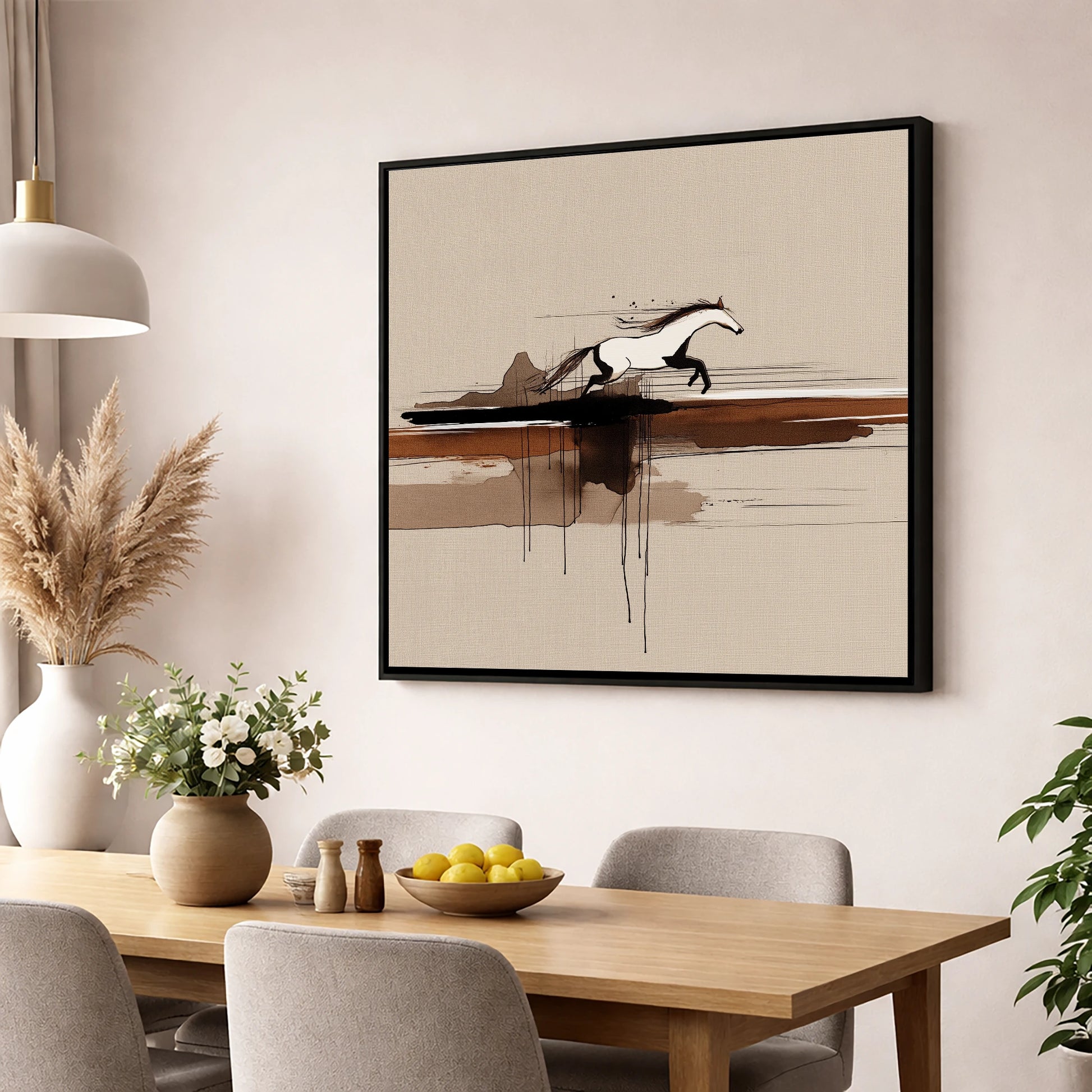 Horizon Bound wild horses wall art displayed in a dining room