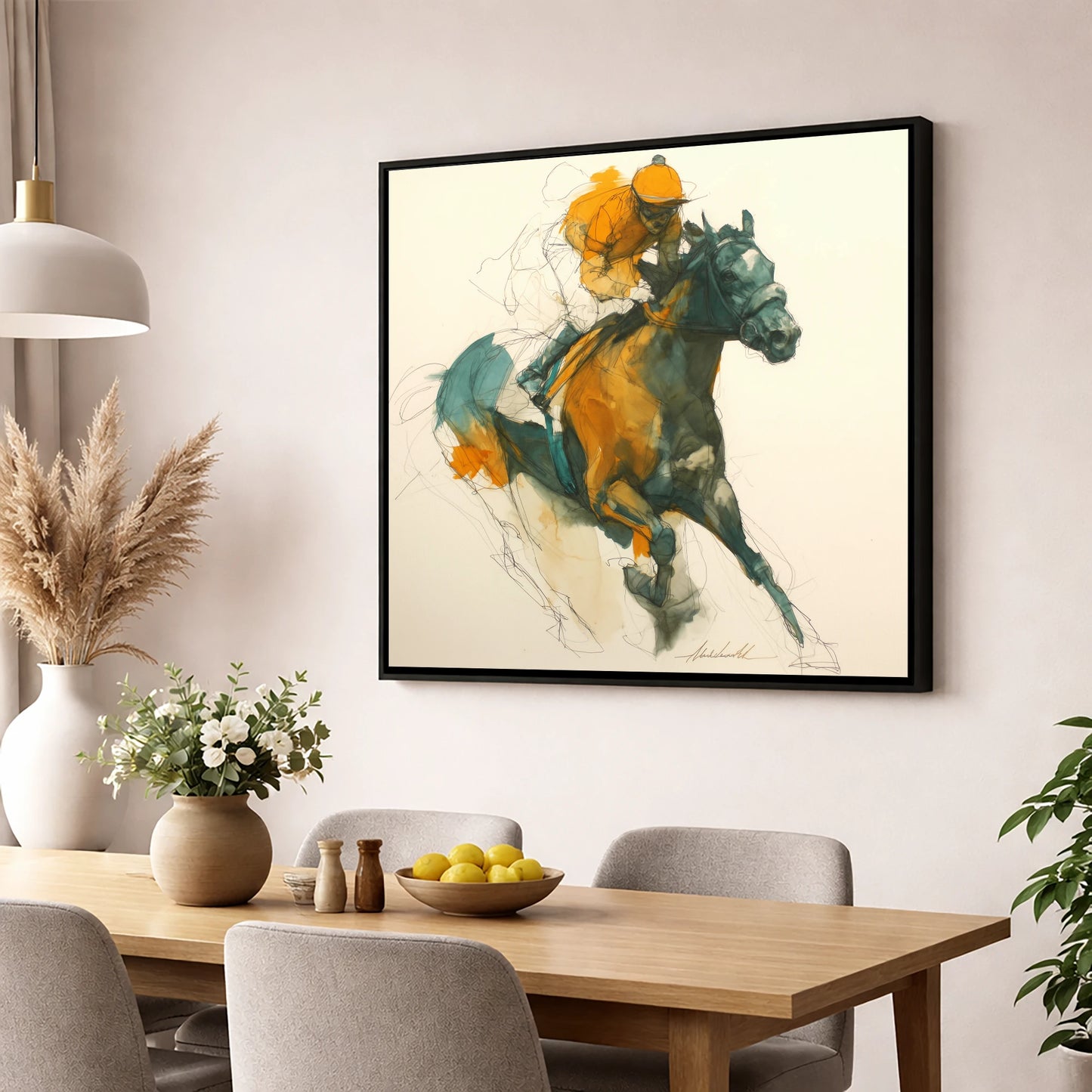 Amber Surge racing horse wall art displayed in a dining room