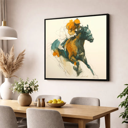 Amber Surge racing horse wall art displayed in a dining room