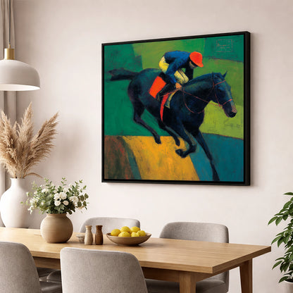 The Crimson Cap racing horse wall art displayed in a dining room