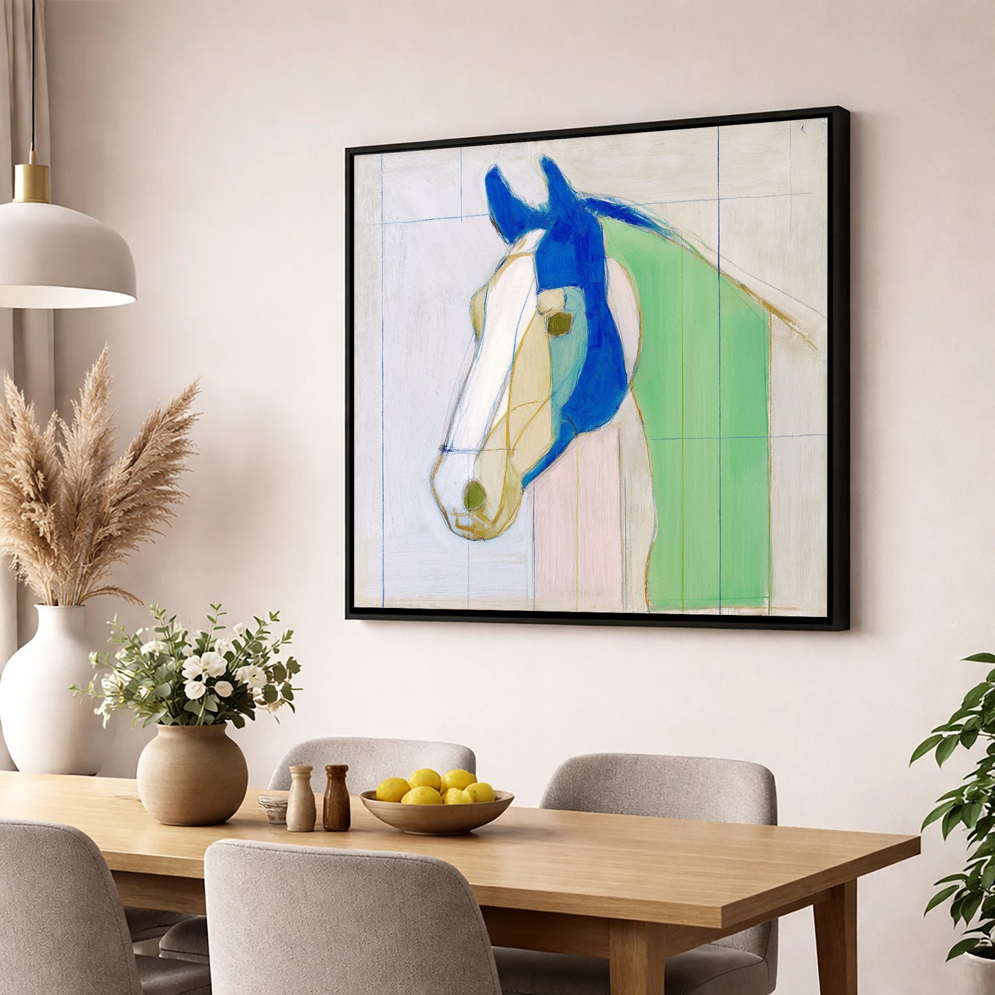 Architectural Azure Profile horse portrait wall art displayed in a dining room