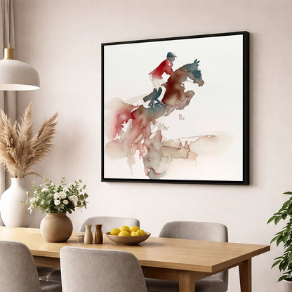 Crimson Flight show jumping horse wall art displayed in a dining room