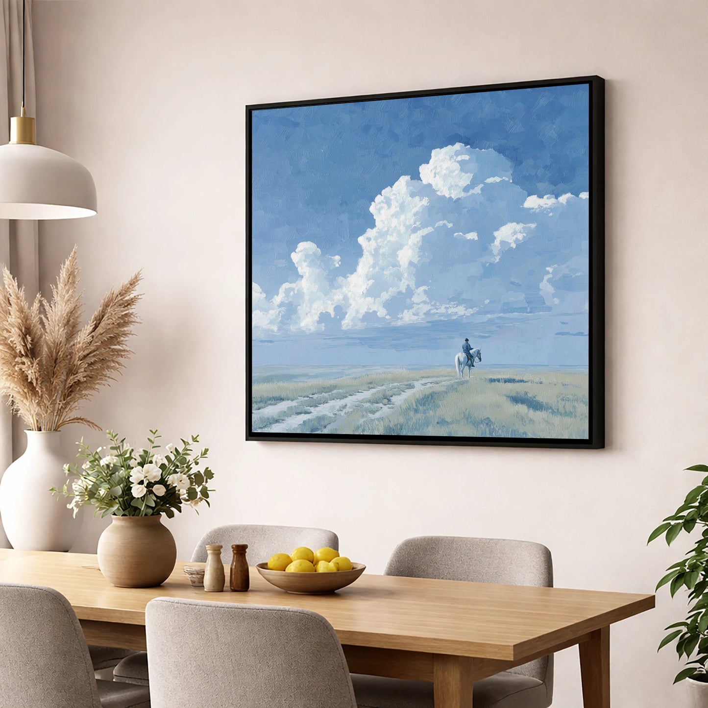 Vast Blue Horizon horse landscape wall art displayed in a dining room