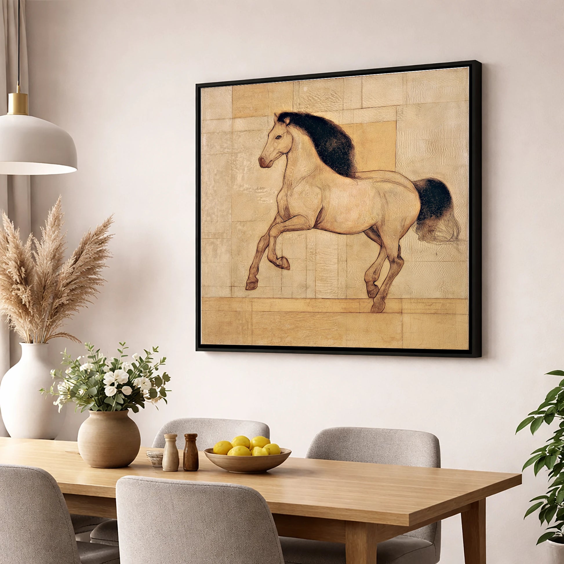 Classical Equine Study horse portrait wall art displayed in a dining room