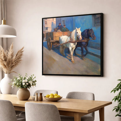 Sunlit Draught Pair working horse wall art displayed in a dining room