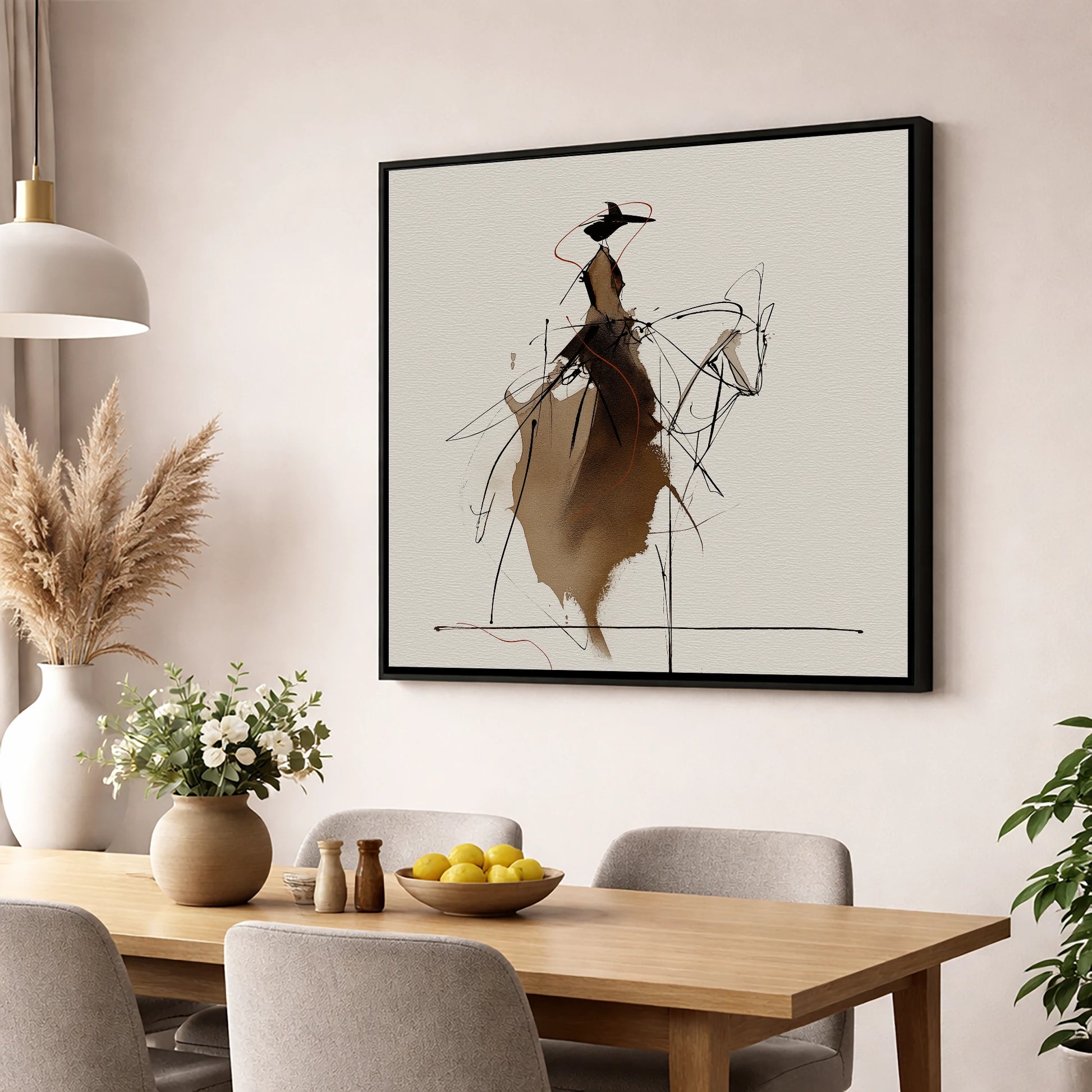 Elegant Sepia Rider horse & rider wall art displayed in a dining room
